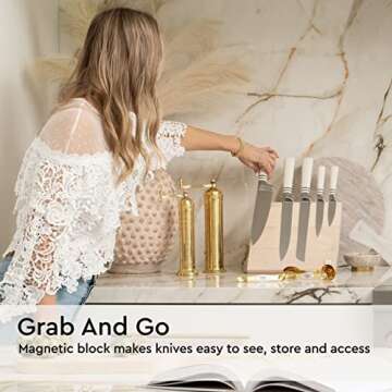 White Knife Set with Magnetic Knife Holder Stand - 6 PC White Magnetic Knife Set Includes White Handle Knife Set with Ashwood Magnetic Knife Block - White Kitchen Accessories, White Kitchen Decor