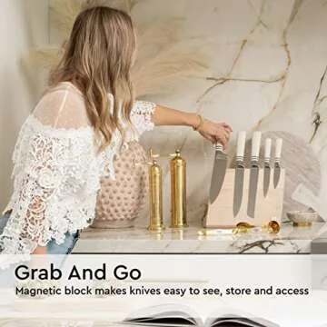 White Knife Set with Magnetic Knife Holder Stand - 6 PC White Magnetic Knife Set Includes White Handle Knife Set with Ashwood Magnetic Knife Block - White Kitchen Accessories, White Kitchen Decor