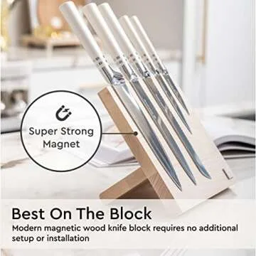White Knife Set with Magnetic Knife Holder Stand - 6 PC White Magnetic Knife Set Includes White Handle Knife Set with Ashwood Magnetic Knife Block - White Kitchen Accessories, White Kitchen Decor
