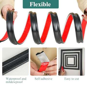 YEFANXI Flexible Chair Rail Panel Molding Finish Trim ，10FT*0.9IN Peel and Stick Black Self-Adhesive DIY Wall Molding Trim for Frame,Home Decoration & Wall Protection