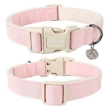 DOGWONG Cotton Hemp Dog Collar, Heavy-Duty Pink Dog Collar Adjustable Soft Natural Fabric Pet Dog Co...