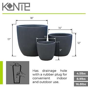 Kante 18",14",10" Dia Concrete Round Planters (Set of 3), Outdoor Indoor Large Planter Pots with Dra...
