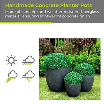 Kante 18",14",10" Dia Concrete Round Planters (Set of 3), Outdoor Indoor Large Planter Pots with Drainage Hole and Rubber Plug for Home Patio Garden, Charcoal
