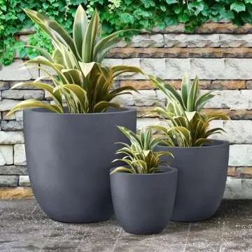 Kante 18",14",10" Dia Concrete Round Planters (Set of 3), Outdoor Indoor Large Planter Pots with Drainage Hole and Rubber Plug for Home Patio Garden, Charcoal