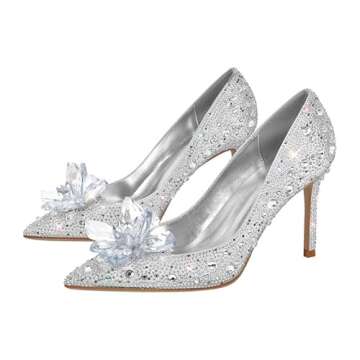 sexytag Women's Crystal Rhinestone Poined Toe Pumps Cinderella Clear Stiletto High Heels Slip On Wedding Shoes Silver Size 6.5