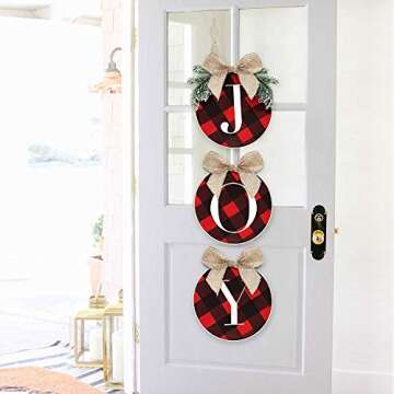 ORIENTAL CHERRY Christmas Decorations - Joy Sign - Buffalo Check Plaid Wreath for Front Door - Rusti...