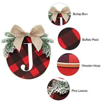ORIENTAL CHERRY Christmas Decorations - Joy Sign - Buffalo Check Plaid Wreath for Front Door - Rustic Burlap Wooden Holiday Decor for Home Window Wall Farmhouse Indoor Outdoor