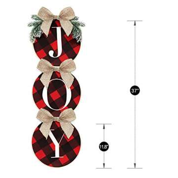 ORIENTAL CHERRY Christmas Decorations - Joy Sign - Buffalo Check Plaid Wreath for Front Door - Rustic Burlap Wooden Holiday Decor for Home Window Wall Farmhouse Indoor Outdoor