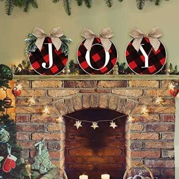 ORIENTAL CHERRY Christmas Decorations - Joy Sign - Buffalo Check Plaid Wreath for Front Door - Rustic Burlap Wooden Holiday Decor for Home Window Wall Farmhouse Indoor Outdoor