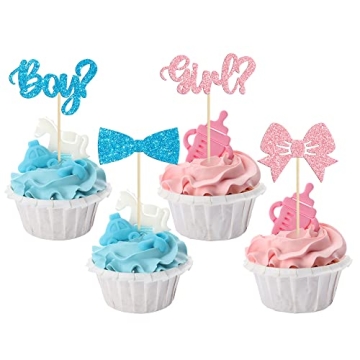 Gyufise 36Pcs Boy or Girl Cupcake Toppers Glitter Bow Tie Cupcake Picks Baby Shower Cake Topper Deco...