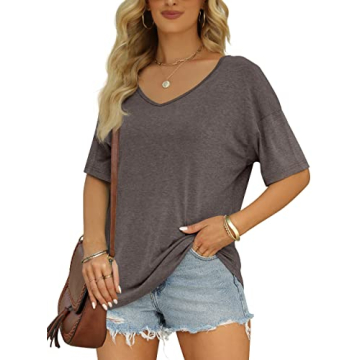 MIROL Women’s Fashion V Neck Half Sleeve Oversized Loose Tops in Brown for Casual Elegance