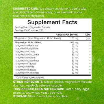 Magnesium Complex Supplement 500mg - 240 Veggie Capsules for Joint Health