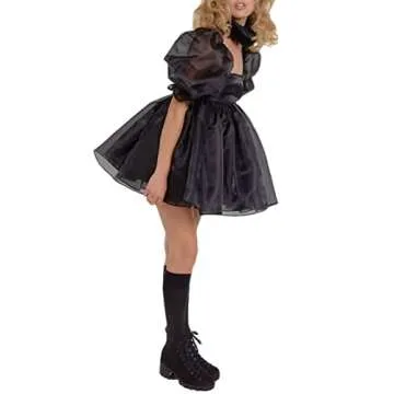 UAURORAO Women's Puff Sleeve Princess Mini Dress Solid Ruffle Mesh Party Prom Fairy Dress (Fairy Black, M)