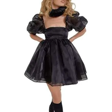 UAURORAO Women's Puff Sleeve Princess Mini Dress Solid Ruffle Mesh Party Prom Fairy Dress (Fairy Black, M)