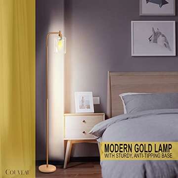 Couveau Modern Floor Lamp for Living Room with Glass Shade, Indoor Tall Pole Light with Reading Light, Industrial Art Brass Tall Lighting Stand Lamp for Living Room, Bedroom, Office, Gold