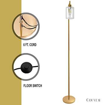 Couveau Modern Floor Lamp for Living Room with Glass Shade, Indoor Tall Pole Light with Reading Light, Industrial Art Brass Tall Lighting Stand Lamp for Living Room, Bedroom, Office, Gold