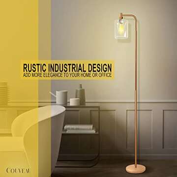 Couveau Modern Floor Lamp for Living Room with Glass Shade, Indoor Tall Pole Light with Reading Light, Industrial Art Brass Tall Lighting Stand Lamp for Living Room, Bedroom, Office, Gold