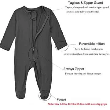 Aablexema Baby Zipper Pajamas Bamboo Rayon, 3pcs Unisex Infant Onesie with Mitten Long Sleeve Footed...