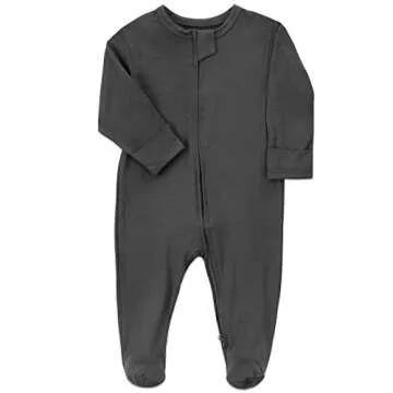 Aablexema Baby Zipper Pajamas Bamboo Rayon, 3pcs Unisex Infant Onesie with Mitten Long Sleeve Footed Pjs(Dark Grey & Olive & Blue,0-3m)