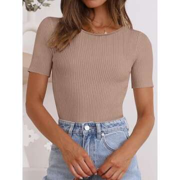ANRABESS Womens Short Sleeve Crewneck T Shirt Ribbed Knit Sweater Shirts Slim Fit Basic Casual Sprin...