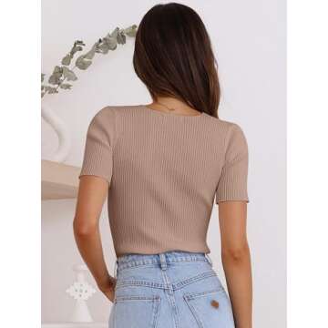 ANRABESS Womens Short Sleeve Crewneck T Shirt Ribbed Knit Sweater Shirts Slim Fit Basic Casual Spring Summer Sweater Tee Tops Khaki Small