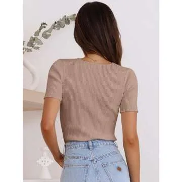 ANRABESS Womens Short Sleeve Crewneck T Shirt Ribbed Knit Sweater Shirts Slim Fit Basic Casual Spring Summer Sweater Tee Tops Khaki Small