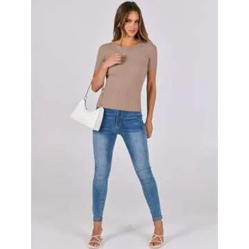 ANRABESS Womens Short Sleeve Crewneck T Shirt Ribbed Knit Sweater Shirts Slim Fit Basic Casual Spring Summer Sweater Tee Tops Khaki Small