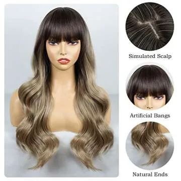 BOGSEA Long Wavy Ombre Dark Blonde Wig with Bangs - Perfect for Daily and Party Use