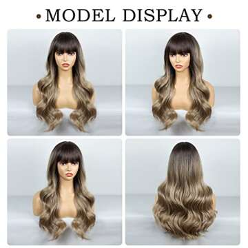 BOGSEA Wig with Bangs Ombre Dark Blonde Long Wavy Wigs for Women Synthetic Heat Resistant Wigs for Daily Party (Dark Ashy Blonde Ombre)