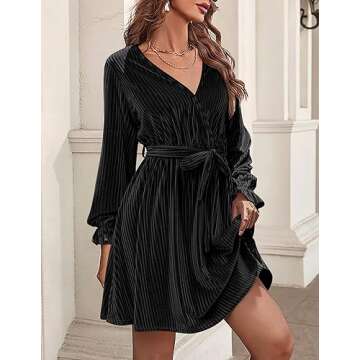 HOTOUCH Womens Velvet Wrap Dresses V Neck Belted Dress Long Sleeve Dress Aline Velvet Cocktail Dress for Women Ruffle Lantern Sleeve Semi Formal Dresses Black Small