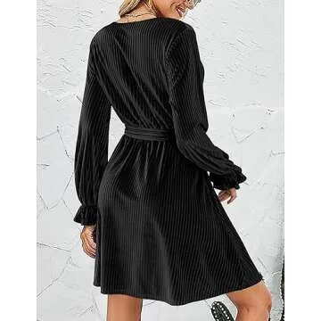 HOTOUCH Womens Velvet Wrap Dresses V Neck Belted Dress Long Sleeve Dress Aline Velvet Cocktail Dress for Women Ruffle Lantern Sleeve Semi Formal Dresses Black Small