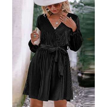 HOTOUCH Womens Velvet Wrap Dresses V Neck Belted Dress Long Sleeve Dress Aline Velvet Cocktail Dress for Women Ruffle Lantern Sleeve Semi Formal Dresses Black Small