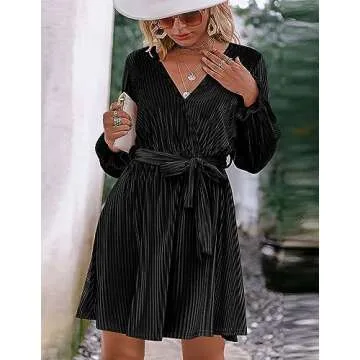 HOTOUCH Womens Velvet Wrap Dresses V Neck Belted Dress Long Sleeve Dress Aline Velvet Cocktail Dress for Women Ruffle Lantern Sleeve Semi Formal Dresses Black Small