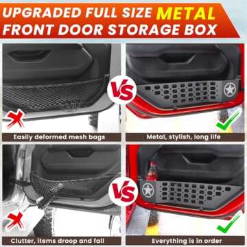 Metal Front Door Storage Box Pockets Fit for Jeep Wrangler,Door Side Insert Organizer for Jeep Wrangler JL JLU 4XE 2018-2024 & Gladiator JT 2020-2024 Interior Door Storage Expansion Accessories 2PCS