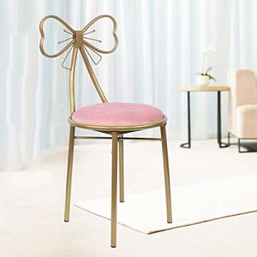 TFCFL B-Light Pink Butterfly Backrest Vanity Chair with Velvet Cushion, Metal Frame and Bow Tie, Per...