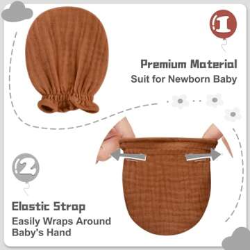 Pro Goleem 3-Pack Muslin Baby Mittens for Newborn, 100% Cotton No Scratch Soft Breathable Gloves with Elastic Strap for Baby Boy and Girls 0-6 months, Brown Beige Grey