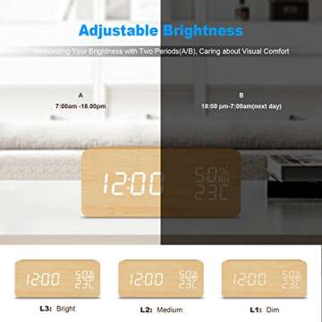 FiBiSonic Digital Alarm Clock Wood Clock with LED Display Voice/Touch Control Adjustable Brightness, Displays Time Date and Temperature Home Office Desk Clock