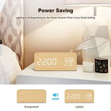 FiBiSonic Digital Alarm Clock Wood Clock with LED Display Voice/Touch Control Adjustable Brightness, Displays Time Date and Temperature Home Office Desk Clock