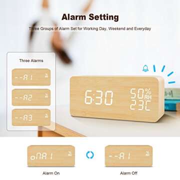 FiBiSonic Digital Alarm Clock Wood Clock with LED Display Voice/Touch Control Adjustable Brightness, Displays Time Date and Temperature Home Office Desk Clock