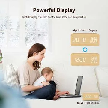 FiBiSonic Digital Alarm Clock Wood Clock with LED Display Voice/Touch Control Adjustable Brightness, Displays Time Date and Temperature Home Office Desk Clock