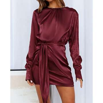 BTFBM Women Casual Long Sleeve Ruched Wrap Dress Crew Neck Tie Waist Short Dress Solid Color Mini Dress Satin Cocktail Dress(Solid Wine Red,Small)