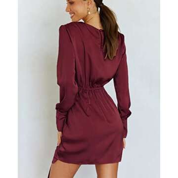 BTFBM Women Casual Long Sleeve Ruched Wrap Dress Crew Neck Tie Waist Short Dress Solid Color Mini Dress Satin Cocktail Dress(Solid Wine Red,Small)