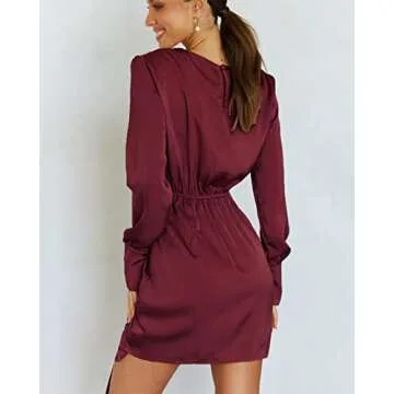 BTFBM Women Casual Long Sleeve Ruched Wrap Dress Crew Neck Tie Waist Short Dress Solid Color Mini Dress Satin Cocktail Dress(Solid Wine Red,Small)