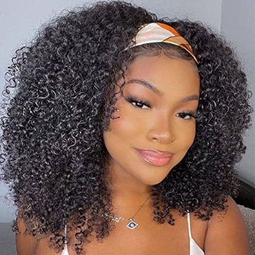 ISEE Hair Afro Kinky Curly Headband Wig Human Hair 180% Density Afro Wigs for Black Women Natural Cu...