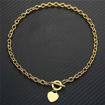 WangGao Elegent Love Stainless Steel Link Chain Blank Heart Charms Necklace for Women Toggle Clasp Closure,Gold…