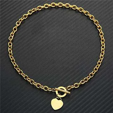 WangGao Elegent Love Stainless Steel Link Chain Blank Heart Charms Necklace for Women Toggle Clasp Closure,Gold…