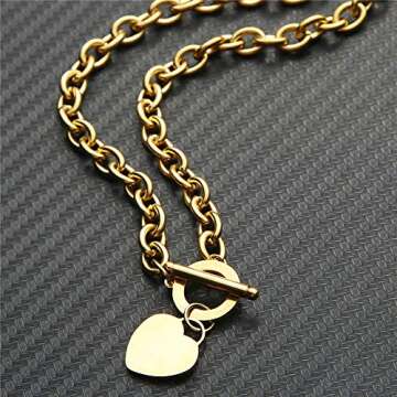 WangGao Elegent Love Stainless Steel Link Chain Blank Heart Charms Necklace for Women Toggle Clasp Closure,Gold…