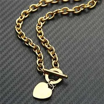 WangGao Elegent Love Stainless Steel Link Chain Blank Heart Charms Necklace for Women Toggle Clasp Closure,Gold…