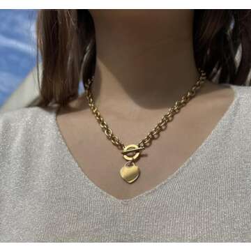 WangGao Elegent Love Stainless Steel Link Chain Blank Heart Charms Necklace for Women Toggle Clasp Closure,Gold…