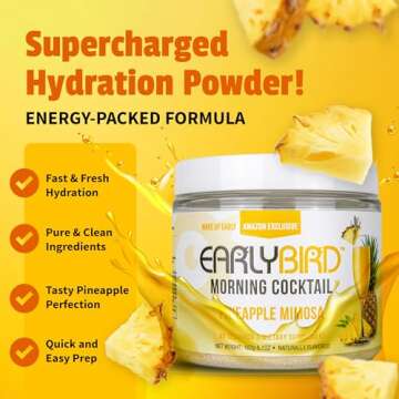 EarlyBird Morning Cocktail - Pineapple Mimosa 45 Servings - Clean Energy Drink (Natural Caffeine), Increased Motivation (Nootropics), Supercharged Hydration (Electrolytes) - Wake Up Early Drink w/
